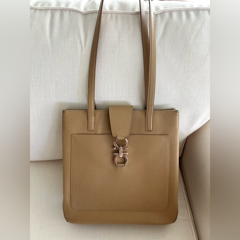Salvatore Ferragamo Tan Leather Tote Bag with Metallic Clasp